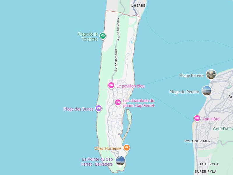 Cap Ferret : Carte détaillée des plages et du Bassin d'Arcachon. Carte géographique du Cap Ferret et du Bassin d'Arcachon. On y voit La Pointe, les plages Torchère et des Dunes, face à Arcachon/Pyla.