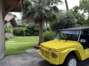 Voiture électrique jaune "E-Story" style Méhari garée devant une cabane en bois et un grand palmier dans un jardin verdoyant.